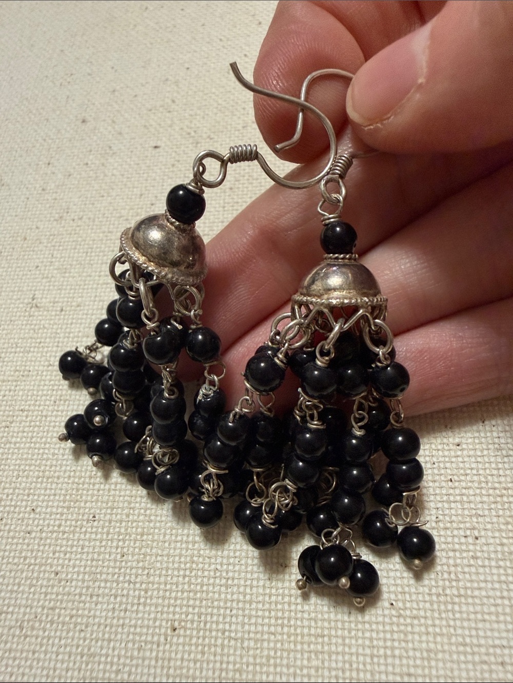 Sterling Silver Black Bead Cluster Dangle Earrings